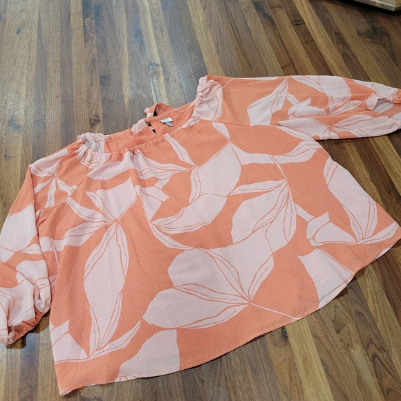 A New Day Orange Floral Print Chiffon Muse Blouse Tie Neckline - Picture 2 of 9